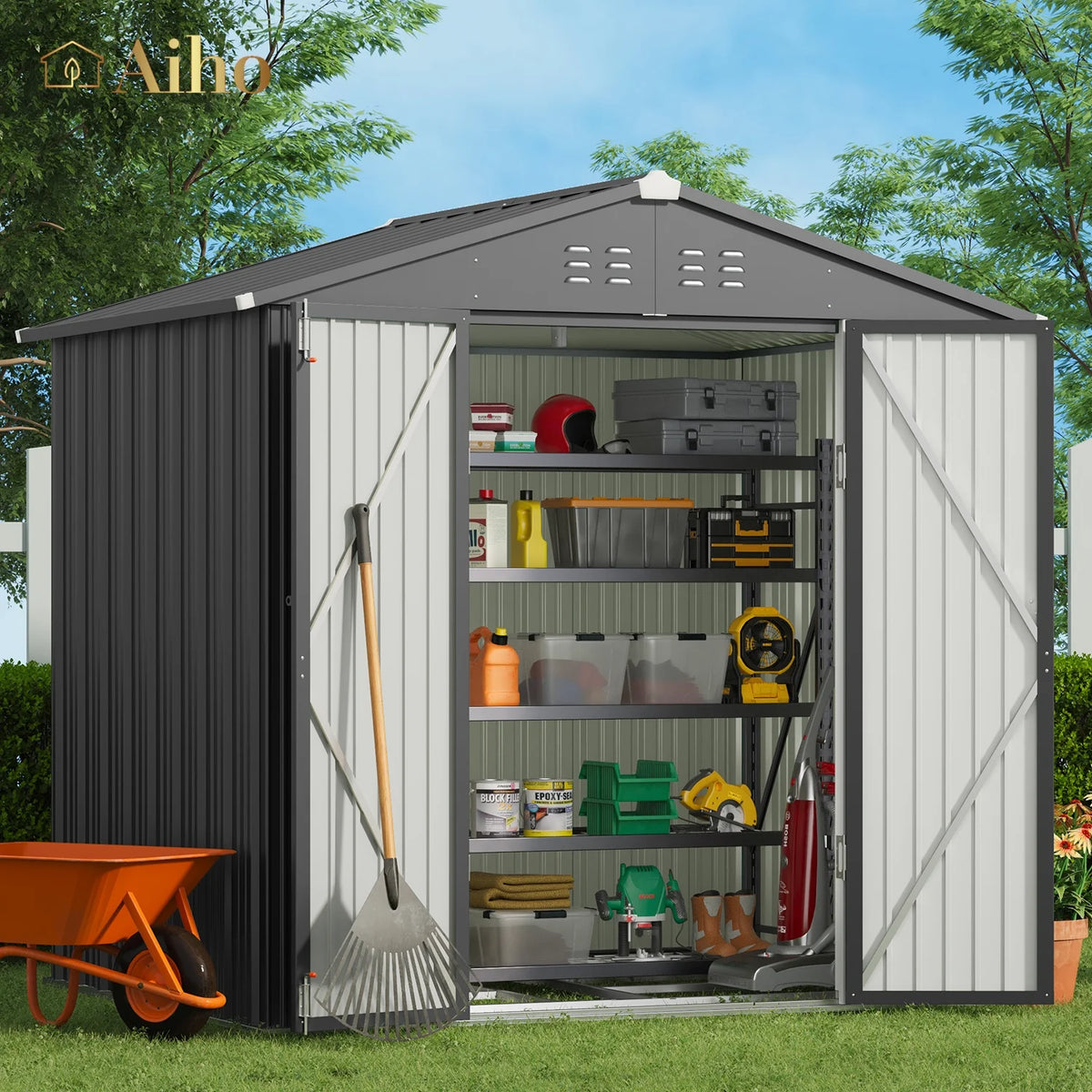 Gray 8' x 6' Outdoor Storage Shed with Metal Base Frame E673