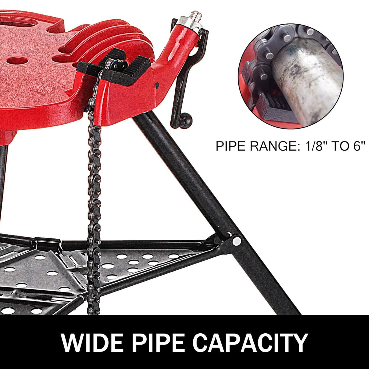 Tripod Pipe Chain Vise with Pipe Stand, Portable Foldable Steel Legs, Tool Tray W5340
