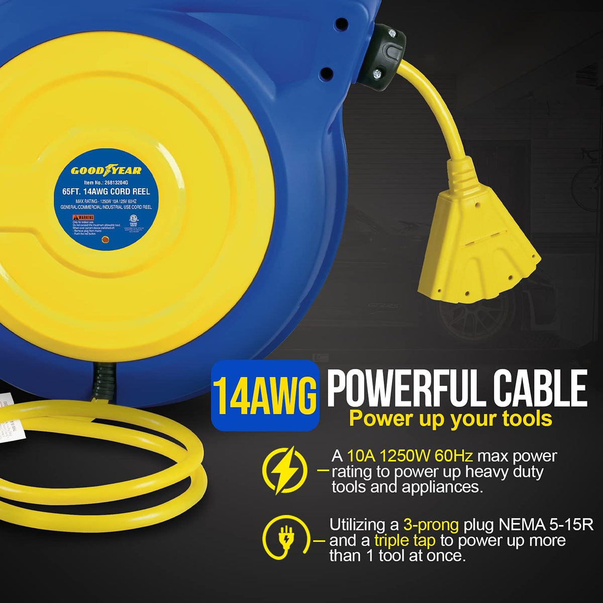 Retractable Extension Cord Reel 14AWG 65 Foot 3C/SJTOW Commercial Cable Triple Tap Connector Power 10A 125VAC 1250W Z600
