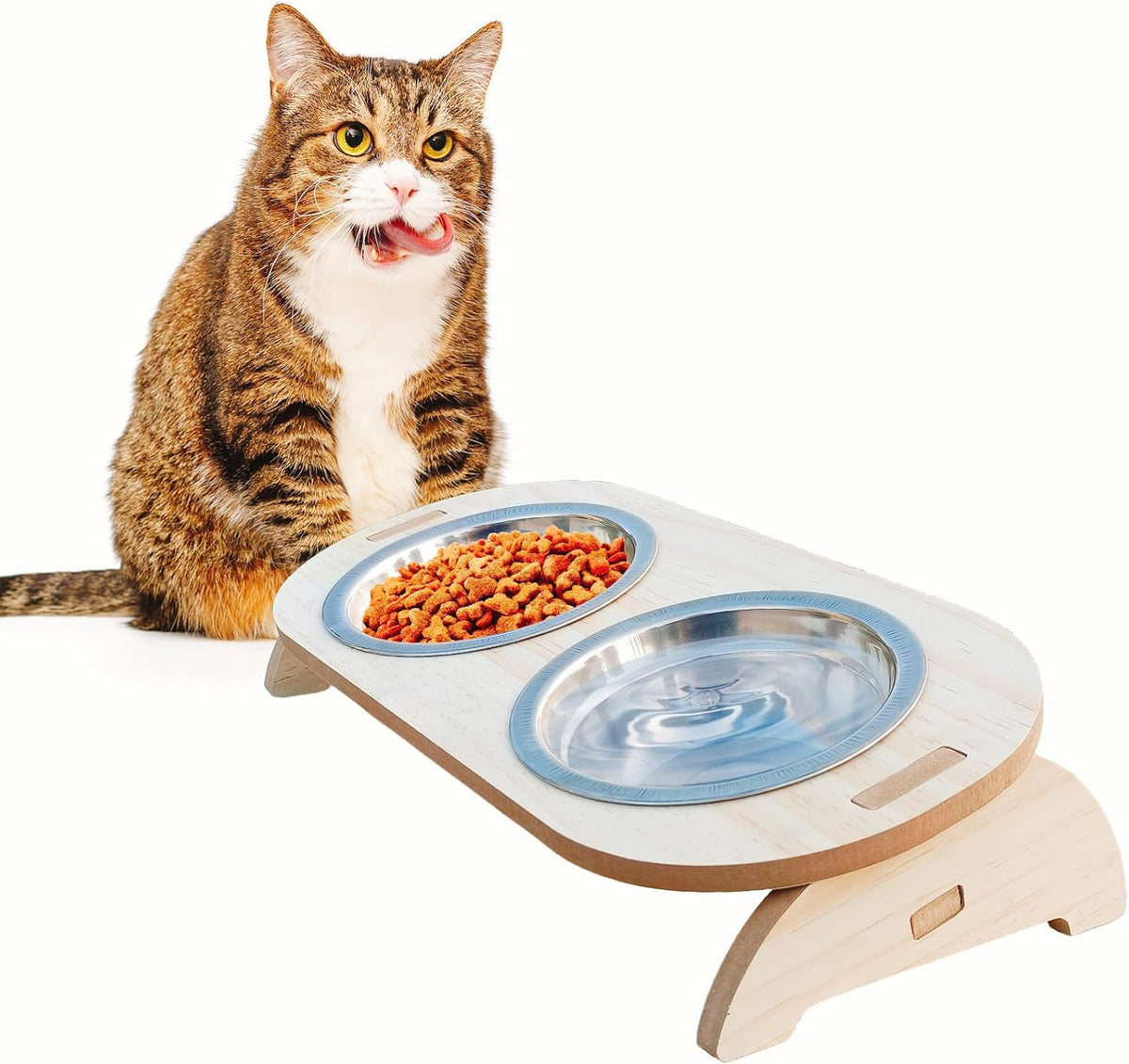 15° Tilted Raised Stainless Steel Cat Bowls with Wood Stand Q274