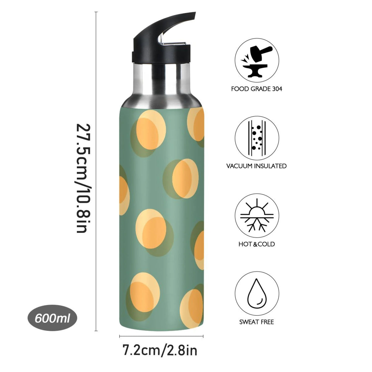 Yellow Green Polka Dot Stainless Steel Insulated Water Bottle with Straw Lid D497