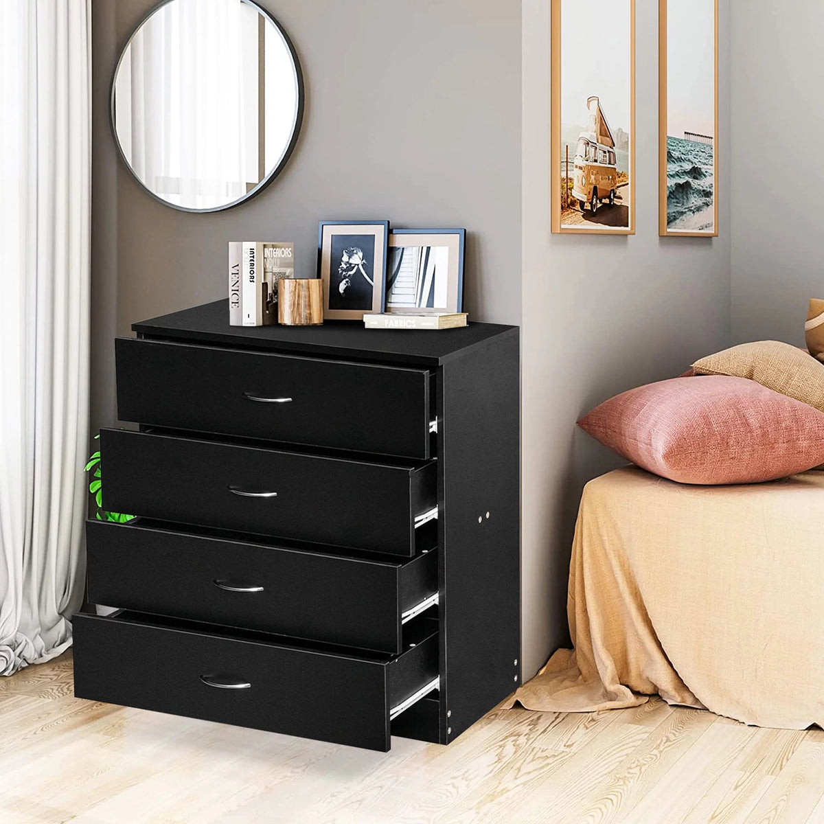 Black 4 Drawer Wood Dresser B741