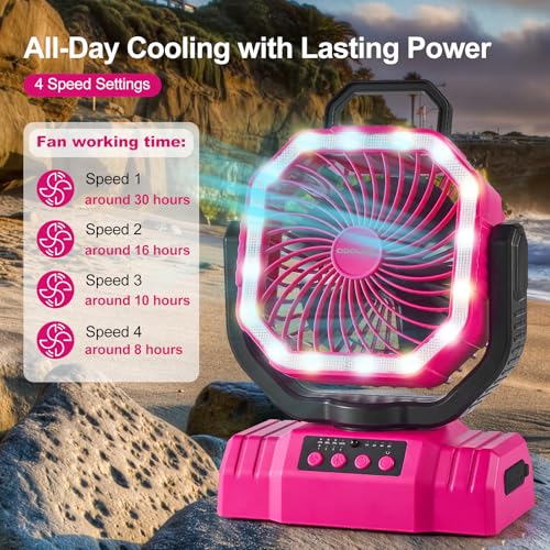 Portable Camping Fan with LED Lantern, 20000mAh Rechargeable Battery Powered Fan, Black V927020