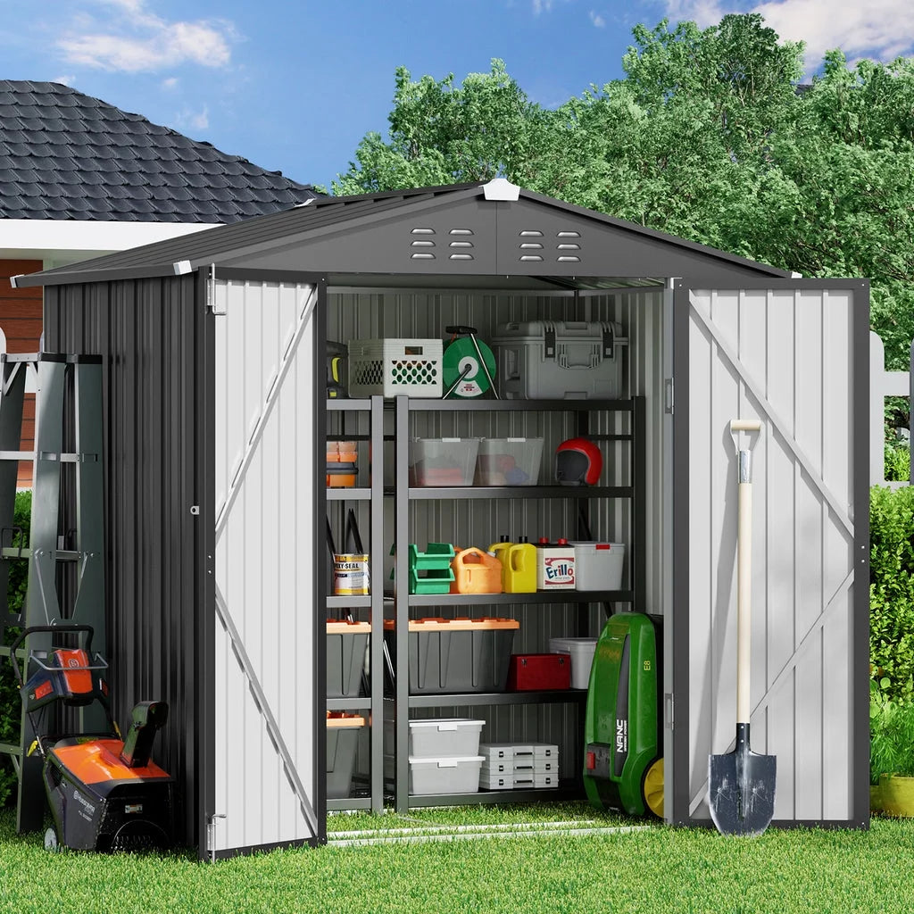 Gray 8' x 6' Outdoor Storage Shed with Metal Base Frame E673