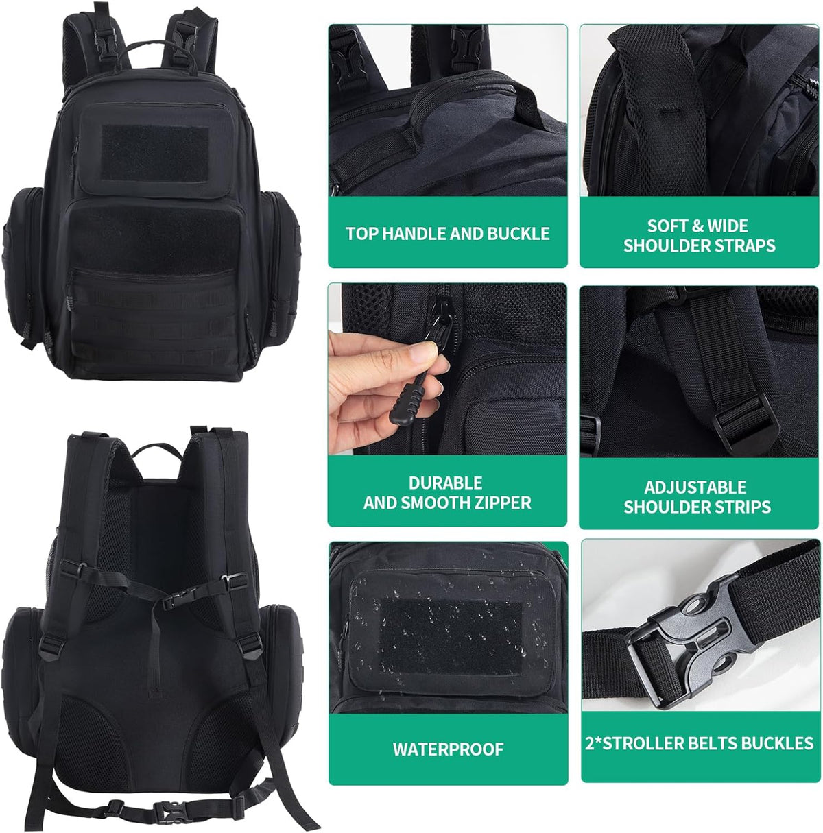 Black Expandable Military Diaper Bag Backpack with Changing Pad K591