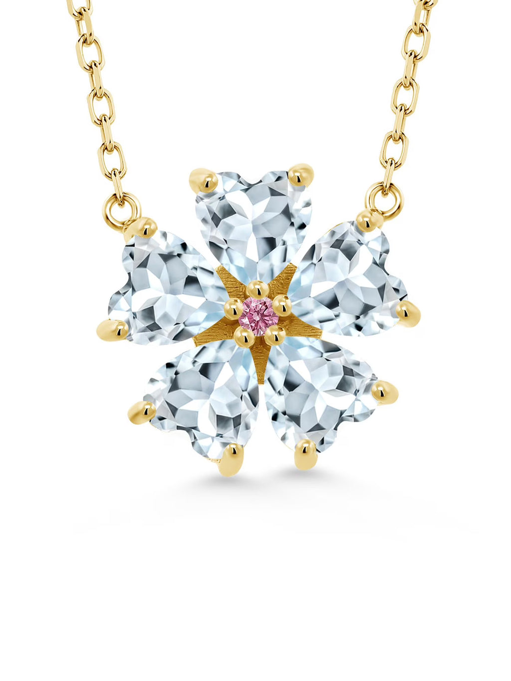 18K Yellow Gold Plated Silver Sky Blue Aquamarine and Pink Lab Grown Diamond Pendant Necklace U63161