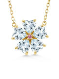 18K Yellow Gold Plated Silver Sky Blue Aquamarine and Pink Lab Grown Diamond Pendant Necklace U63161