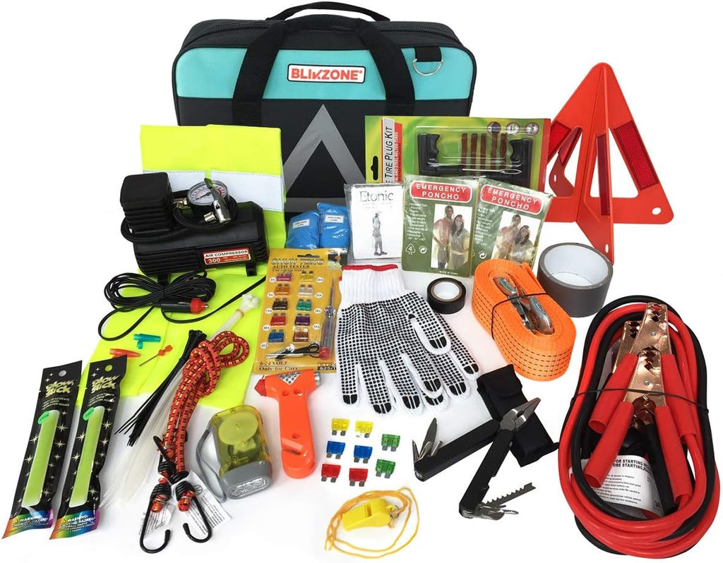 82 Pc Auto Roadside Emergency Car Kit with Tire Repair Kit, Jumper Cables, Portable Air Compressor, Tow Strap, Emergency Triangle L24593