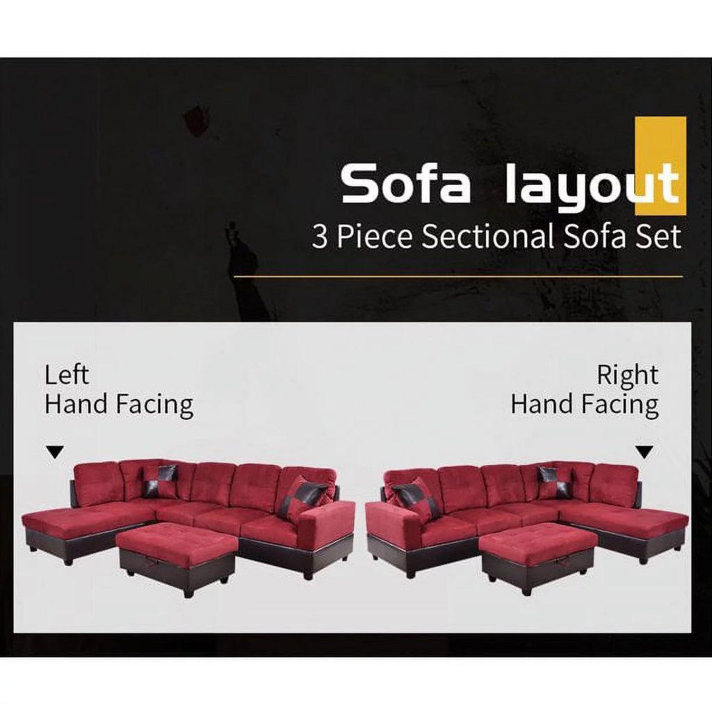 Red Microfiber Sectional Sofa with Storage Ottoman D2397