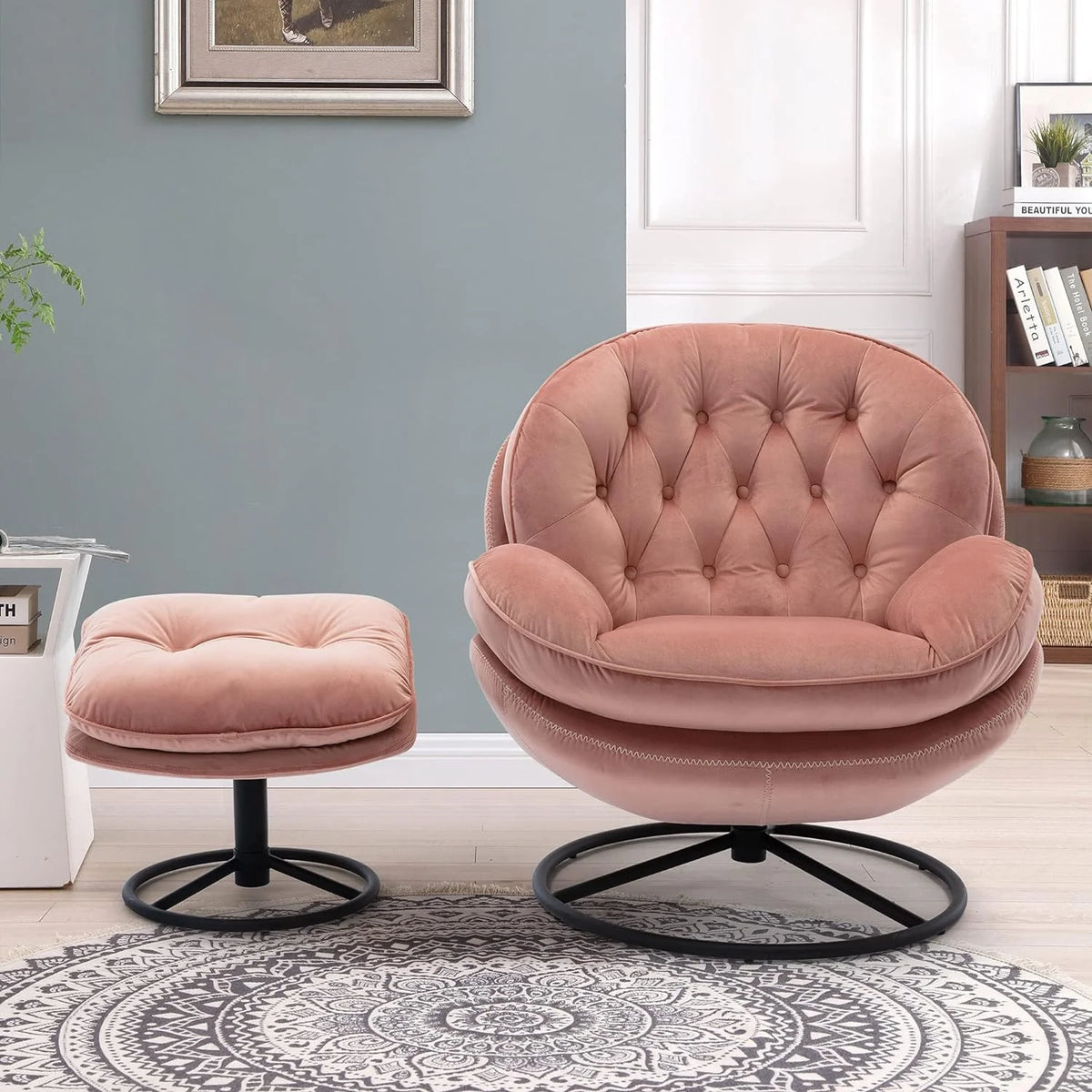Swivel Velvet Lounge Chair with Ottoman and Metal Frame W20401