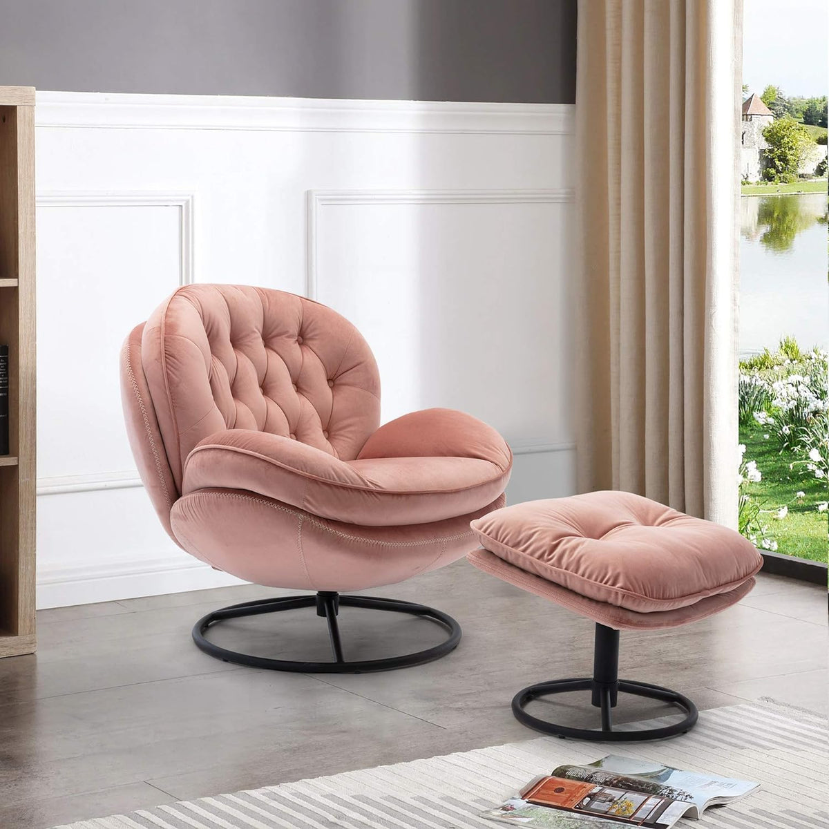 Swivel Velvet Lounge Chair with Ottoman and Metal Frame W20401
