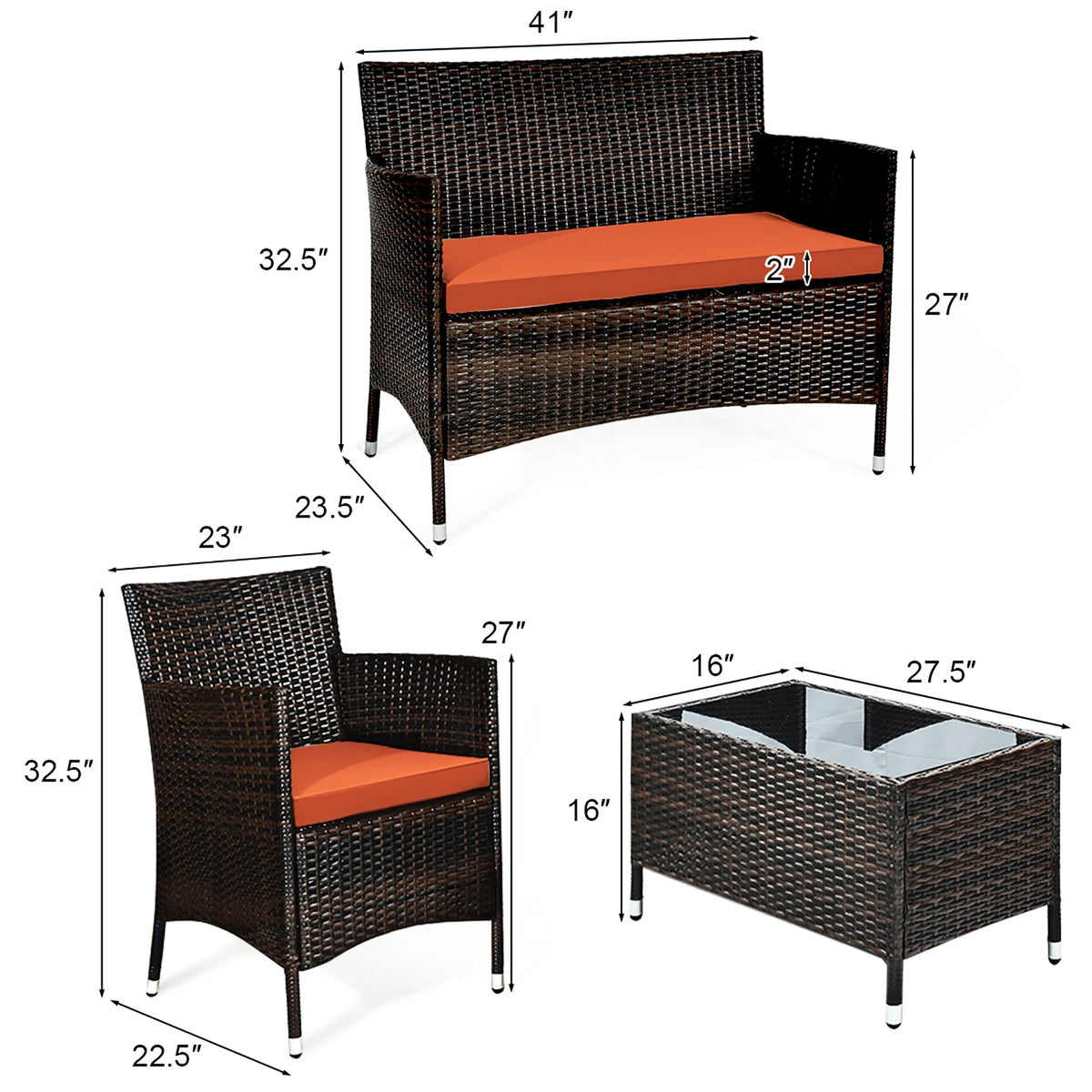 4 Pc Patio Rattan Conversation Furniture Set with Orange Cushion W150