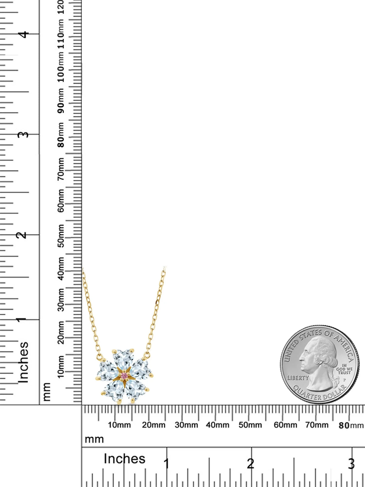 18K Yellow Gold Plated Silver Sky Blue Aquamarine and Pink Lab Grown Diamond Pendant Necklace U63161