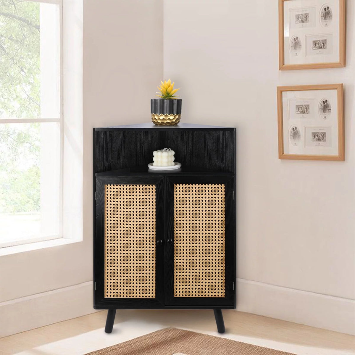 35" Tall Black Rattan Corner Storage Cabinet with Doors Q671