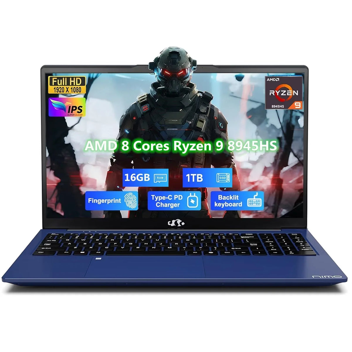 17.3" FHD Gaming Laptop, AMD Ryzen 9 8945HS 8 Cores, 16GB RAM 1TB SSD, Radeon 780M, PD 100W Type-C, Backlit Keyboard Fingerprint, Blue H6652