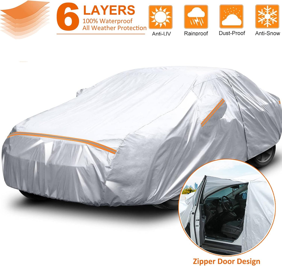 Waterproof All Weather Car Cover with Zipper Door & Storage Bag U252