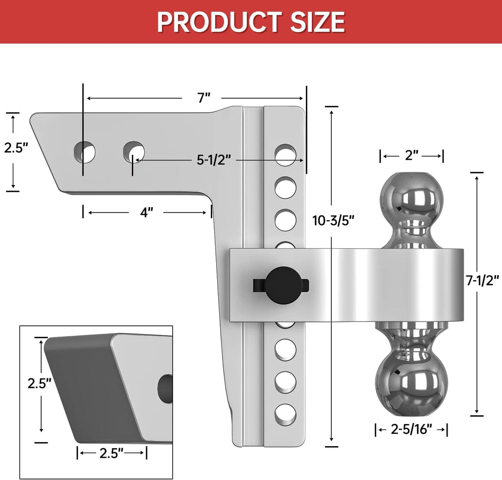 Adjustable Trailer Hitch Ball Mount, 8 Inch Drop, 2.5 Inch Receiver, 18,500 LBS GTW, Forged Aluminum Shank, Dual Balls V1347