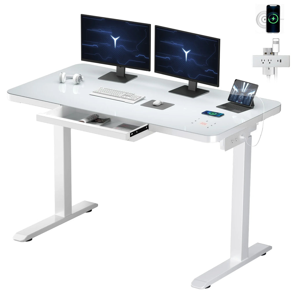 White Electric Glass Standing Desk with Drawers R722