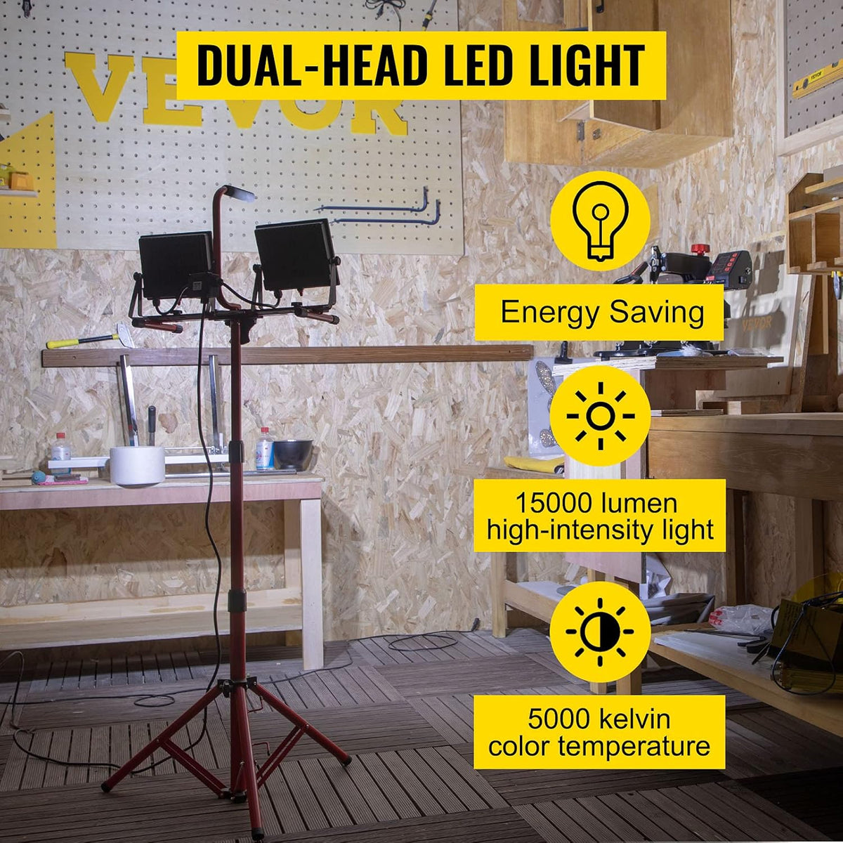 LED Work Light with Stand, 15000 Lumen Dual-head, IP65 Waterproofed, 5000 Kelvin A415