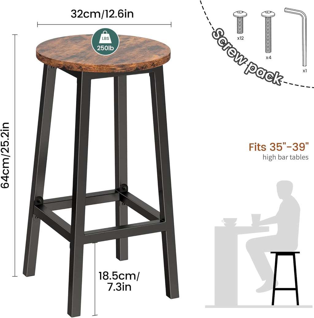 Set of 2 Bar Stools with Footrest, 25.6 Inch Tall, Rustic Brown and Black W332