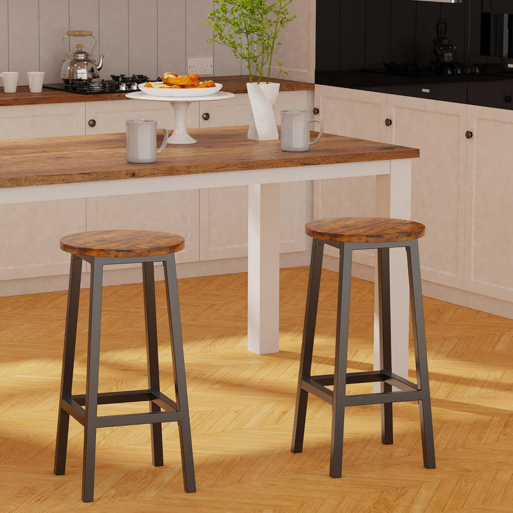 Set of 2 Bar Stools with Footrest, 25.6 Inch Tall, Rustic Brown and Black W332