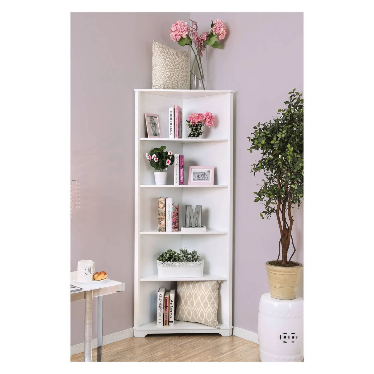 White 5 Tier Corner Bookshelf T721380