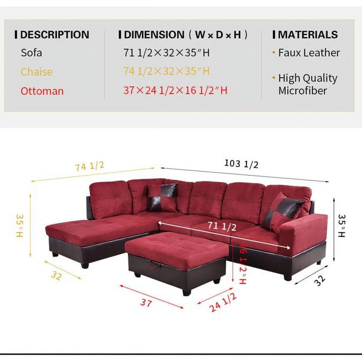 Red Microfiber Sectional Sofa with Storage Ottoman D2397