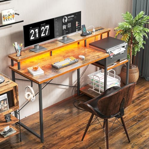 48 Inch Computer Desk with LED Lights and Power Outlet V5132