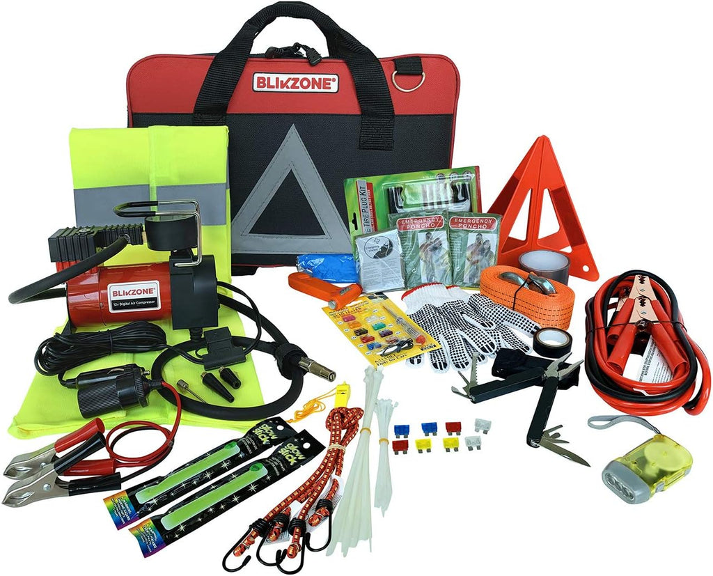 82 Pc Auto Roadside Emergency Car Kit with Tire Repair Kit, Jumper Cables, Portable Air Compressor, Tow Strap, Emergency Triangle L24593