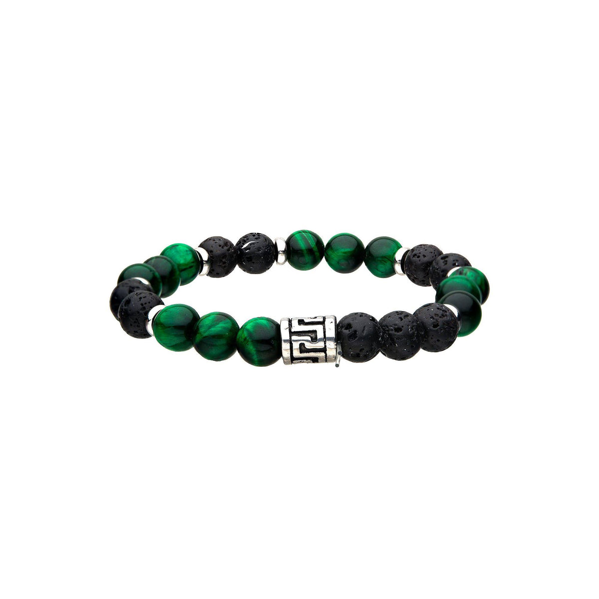 Stainless Steel Lava Bead & Green Tiger's Eye Bead Bracelet C609