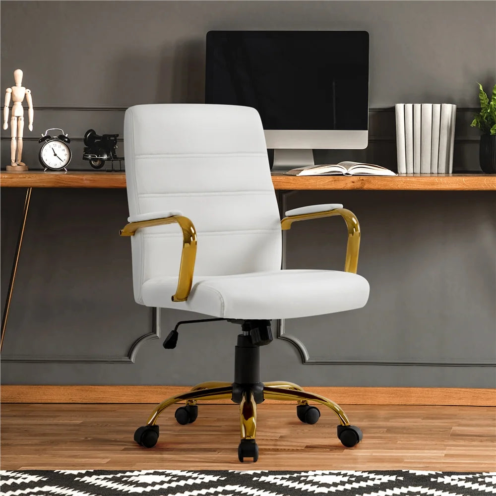360° Swivel PU Leather Office Chair with Gold Frame, White Q76667