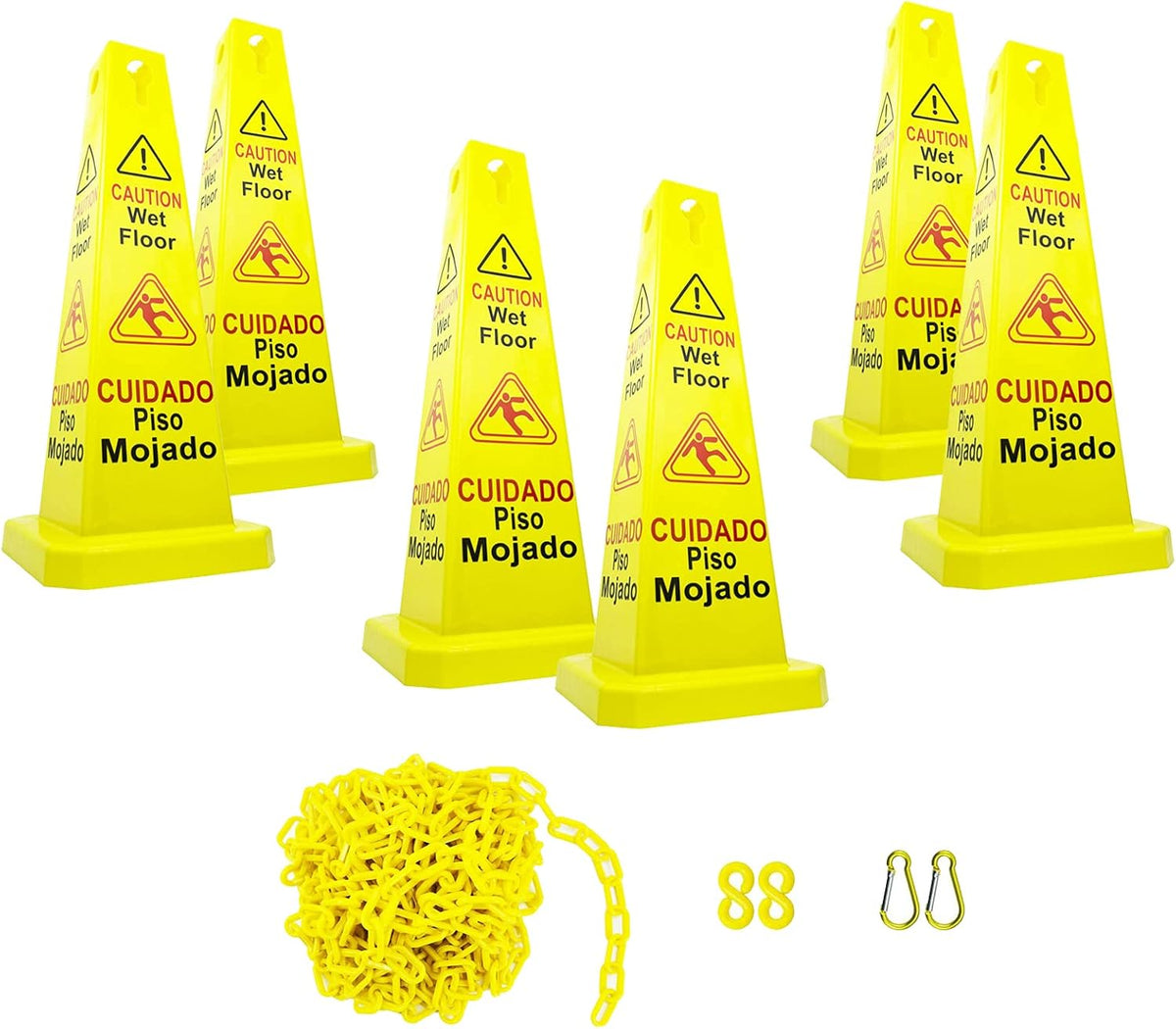26” Caution Wet Floor Cones with Yellow Plastic Barrier Chain O680