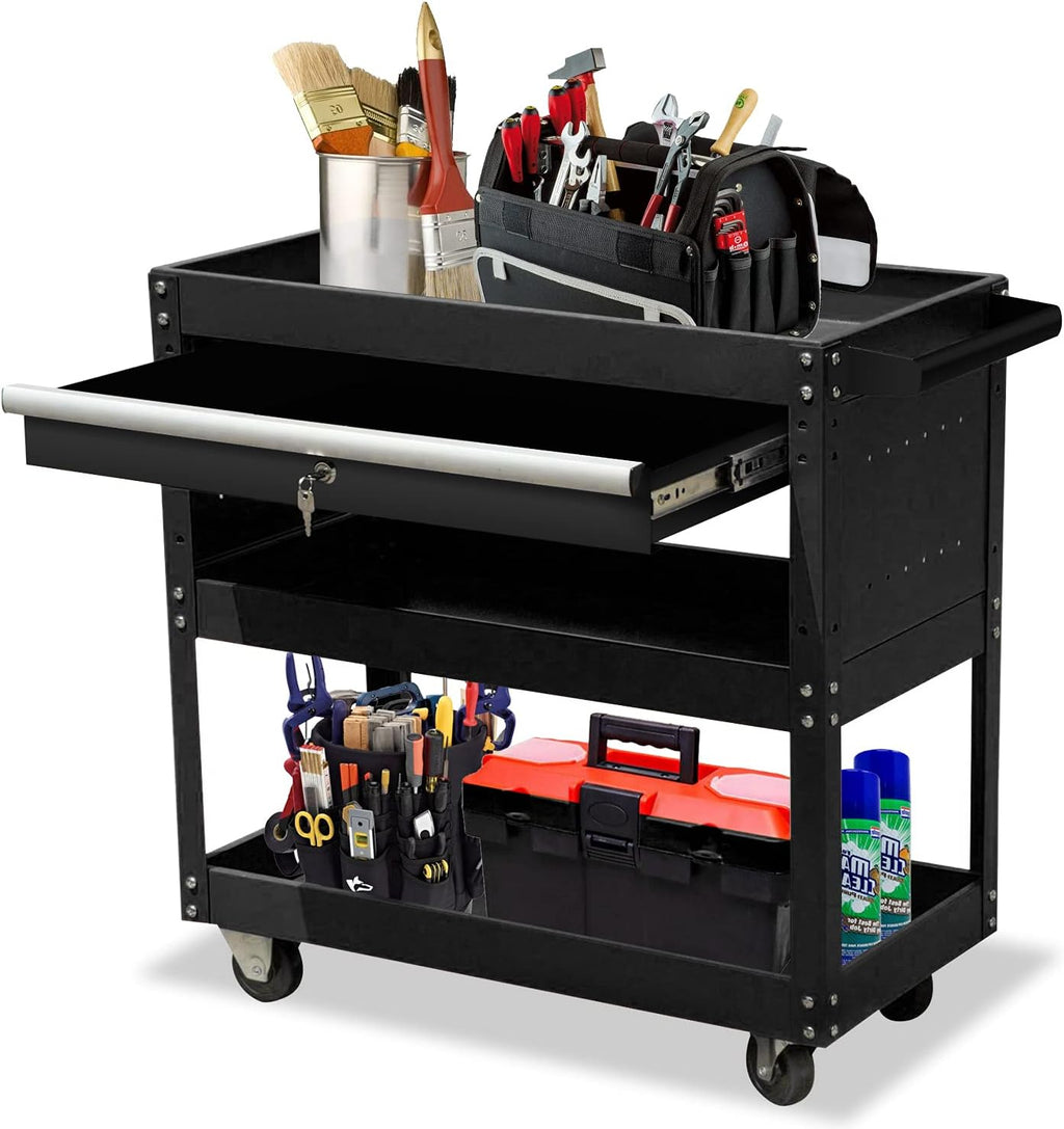 3-Tier Metal Tool Cart with Drawer and Lock S6933