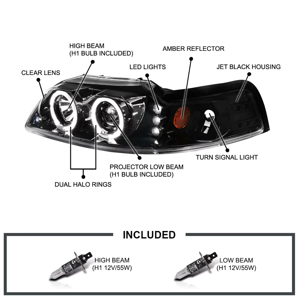 Jet Black LED Dual Halo Projector Headlights Left + Right Pair X870