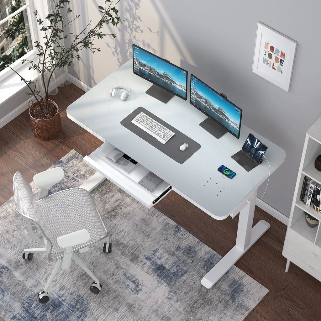 White Electric Glass Standing Desk with Drawers R722