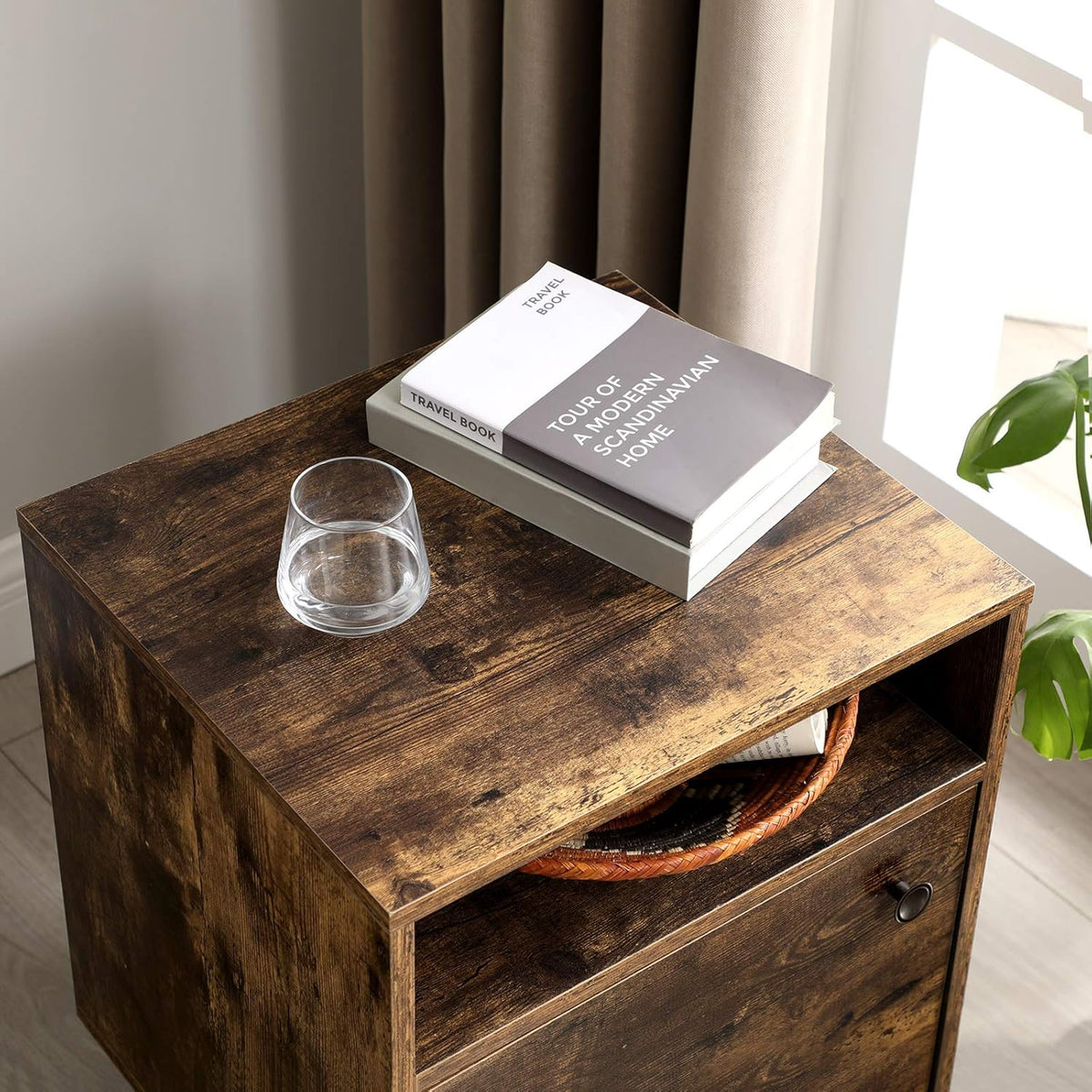 Rustic Brown Nightstand with Open Shelf and Cabinet H5684