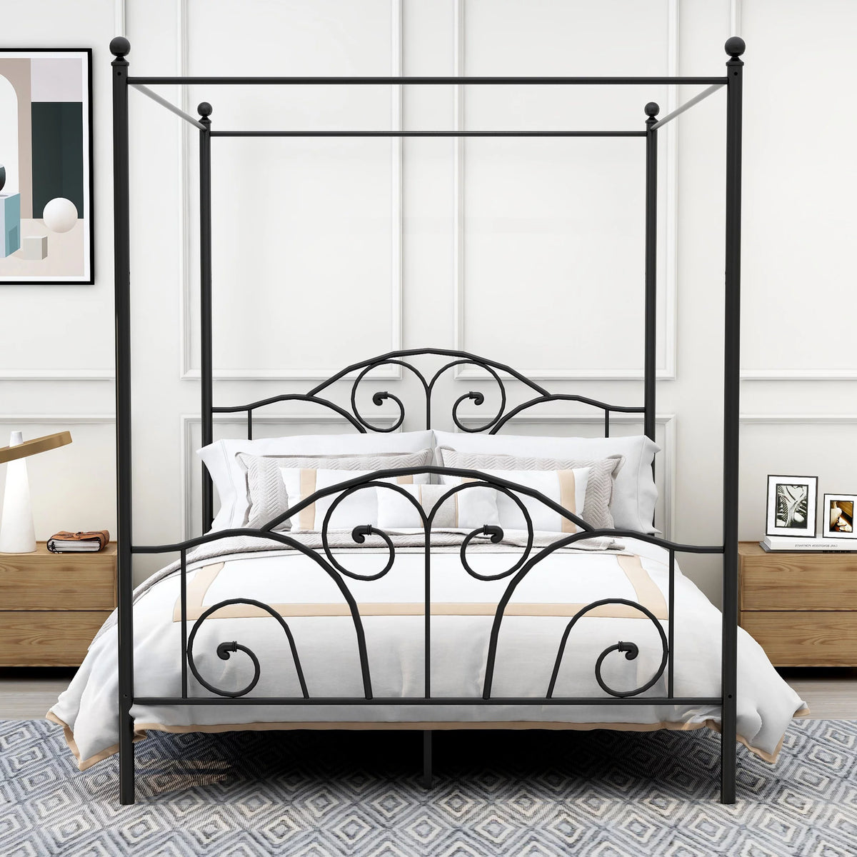 Vintage White Full Size Metal Canopy Bed Frame O2978