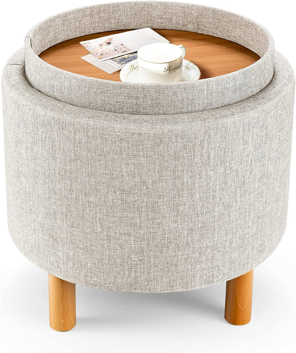 Beige Round Storage Ottoman with Tray Z80088