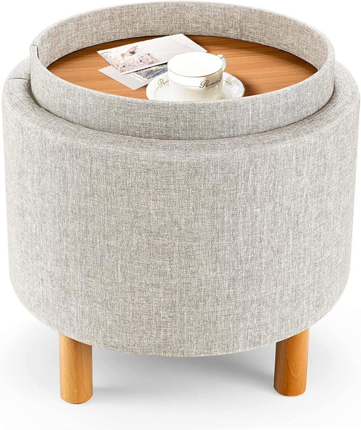 Beige Round Storage Ottoman with Tray Z80088