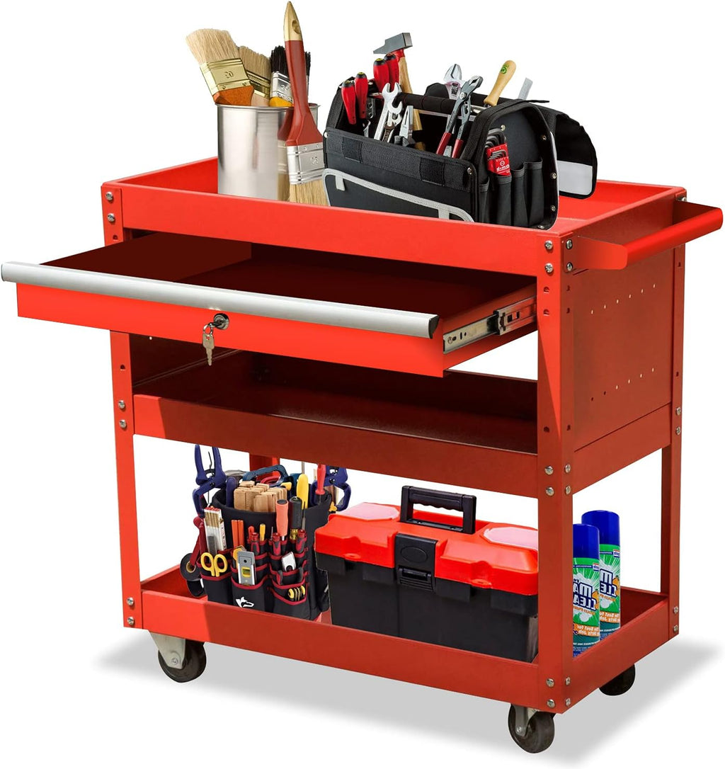 3-Tier Metal Tool Cart with Drawer and Lock S6933