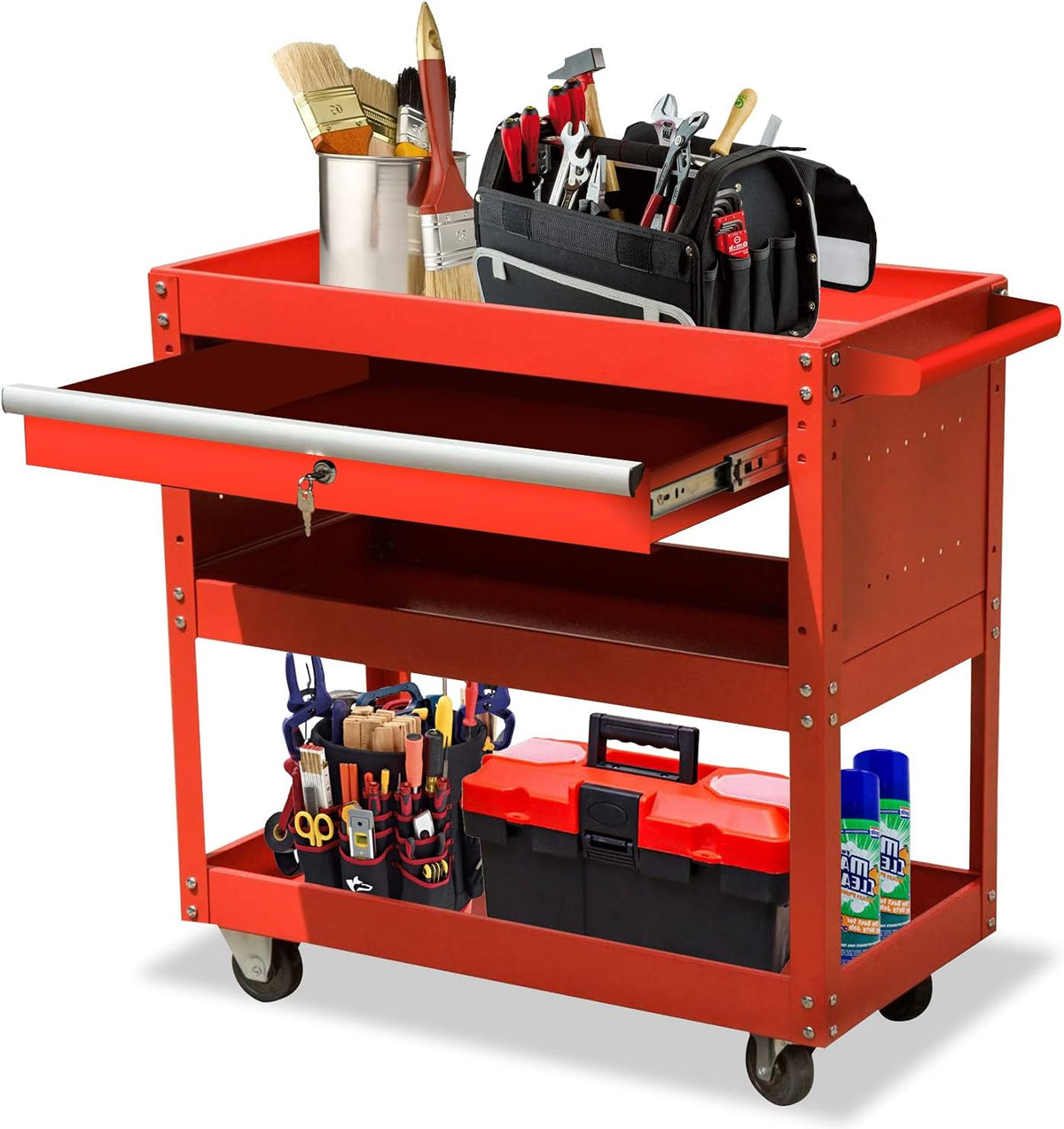 3-Tier Metal Tool Cart with Drawer and Lock S6933