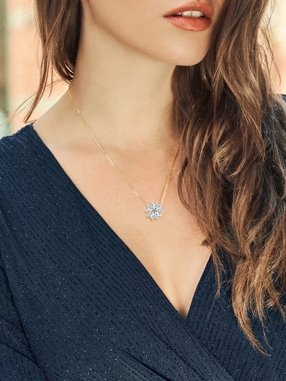 18K Yellow Gold Plated Silver Sky Blue Aquamarine and Pink Lab Grown Diamond Pendant Necklace U63161