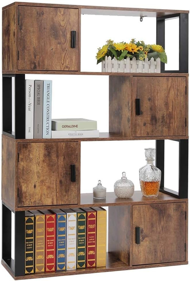 4 Tier Rustic Brown Bookcase with 4 Cube Storage Cabinet B37773