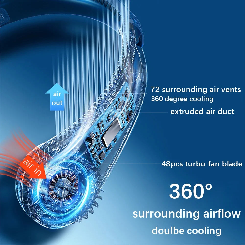Bladeless Neck Fan Digital Display 4000mAh USB Rechargeable Blue S7729