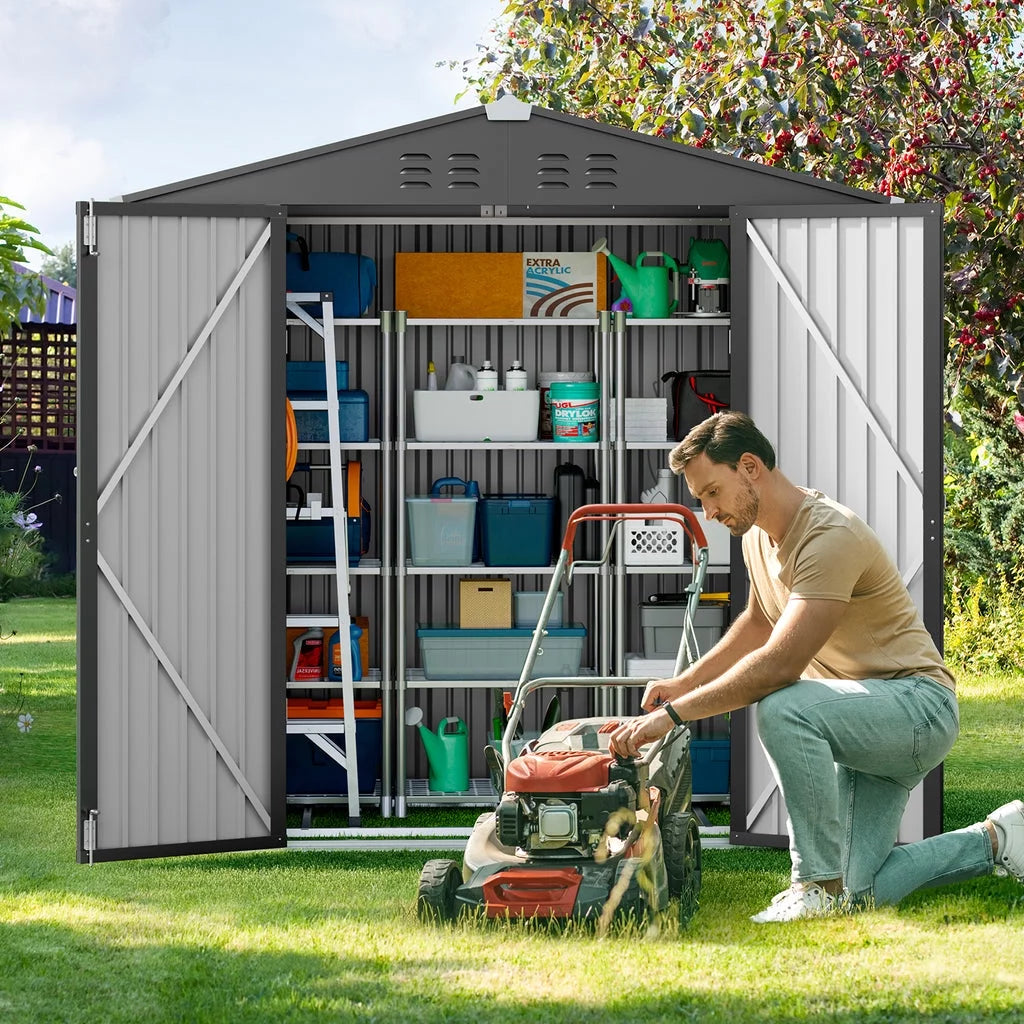Gray 8' x 6' Outdoor Storage Shed with Metal Base Frame E673