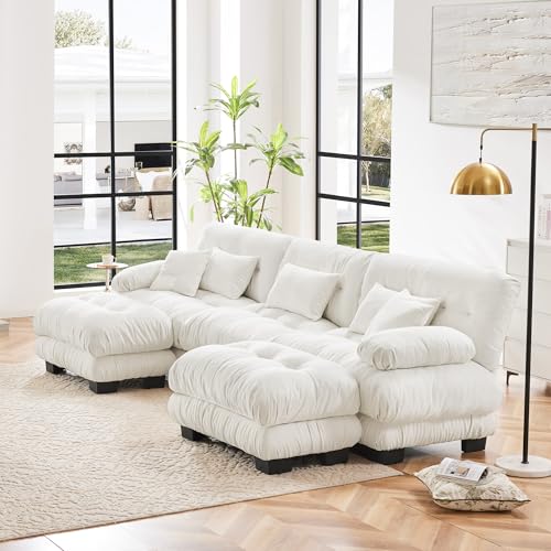 White Oversized Chenille Modular Sectional Sofa with 2 Ottomans V8213