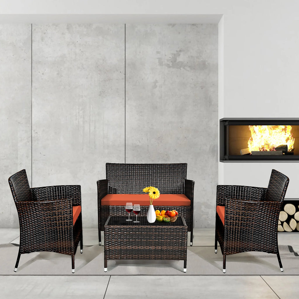 4 Pc Patio Rattan Conversation Furniture Set with Orange Cushion W150