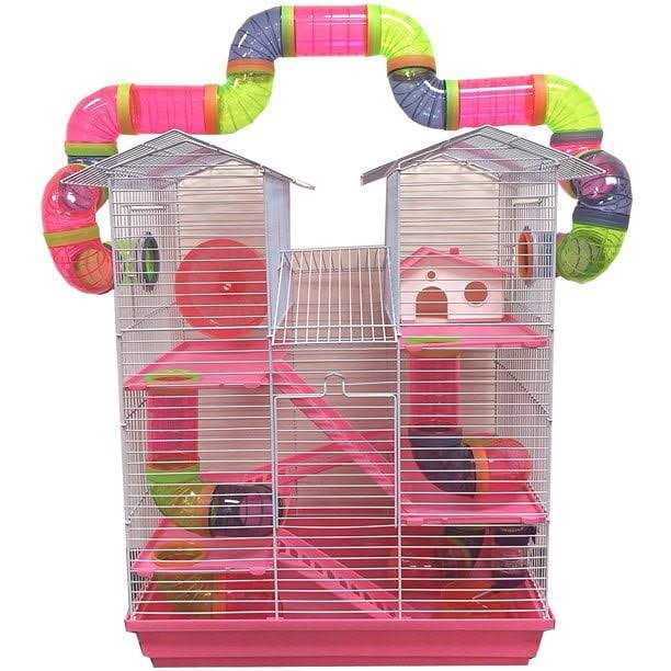 Pink 5-Levels Hamster Mouse Cage with Long Crossover Tube T335186