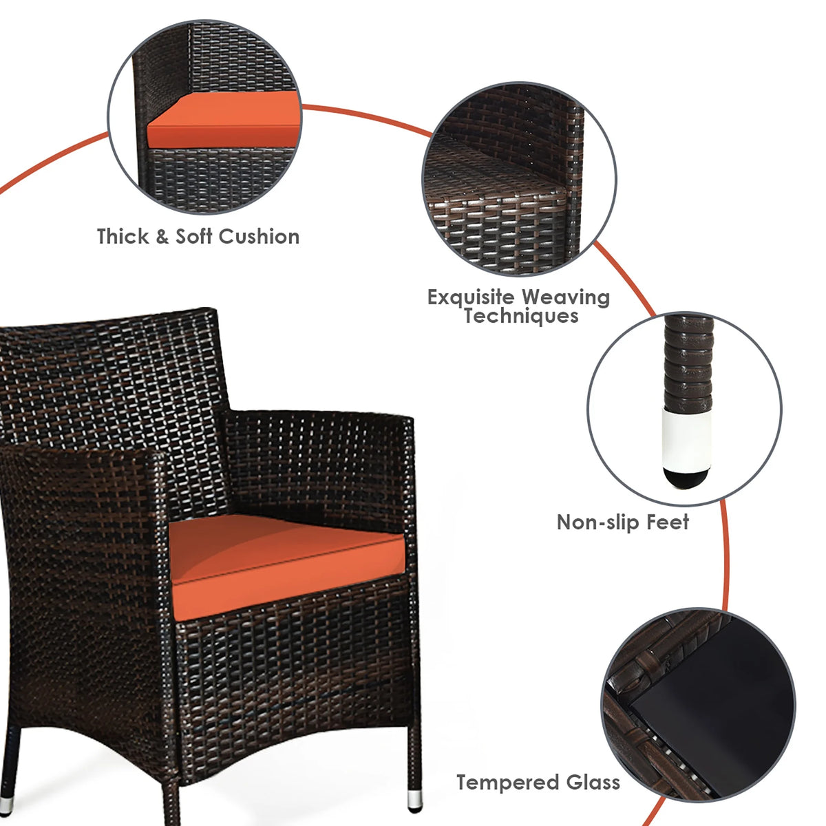 4 Pc Patio Rattan Conversation Furniture Set with Orange Cushion W150