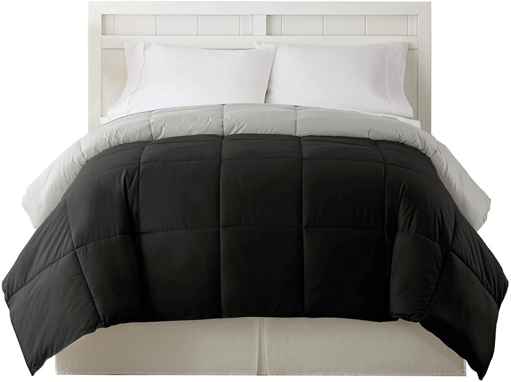 Twin Size Box Quilted Comforter Black Silver Microfiber V829907